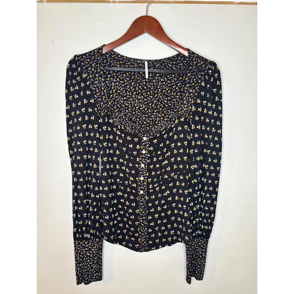 Free‎ People Ditsy Floral Button Front Long Sleeve Top Womens S